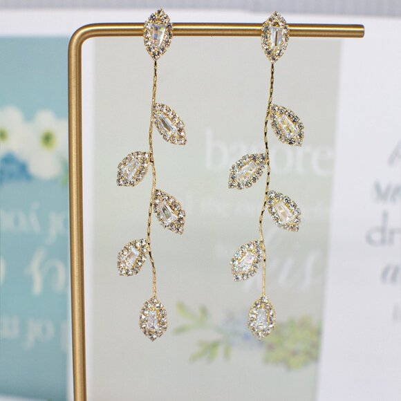 Long Crystal Drop Gold Vine Earrings, Wedding, Bride - Picture 3 of 4